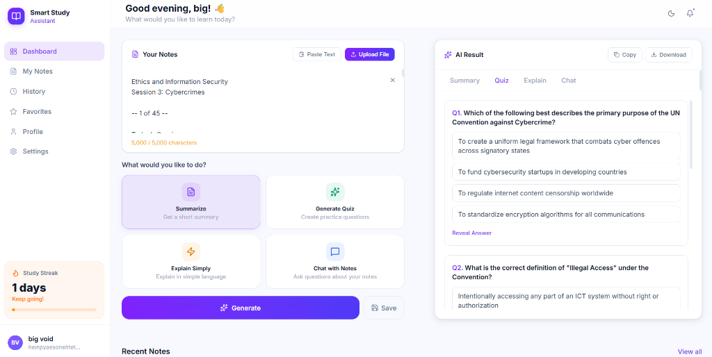 Smart Study Assistant interface mockup